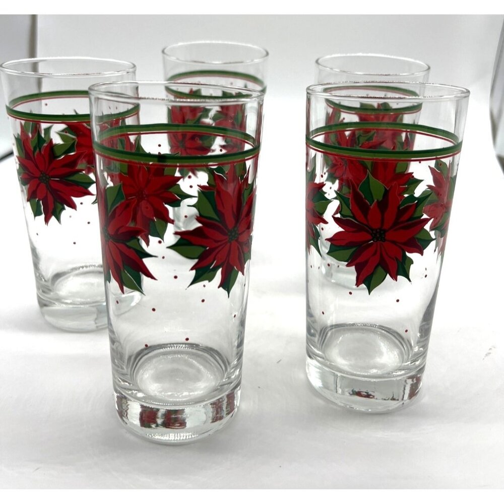 Vintage Libby Christmas Poinsettia Drinking Glasses Set of 5 Holiday Water Glass